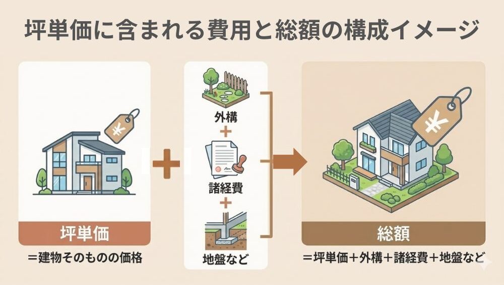 坪単価と総額の違いを示す図。坪単価は建物本体の価格で、総額は外構費・諸経費・地盤費用を加えた費用であることをイラストで説明している。