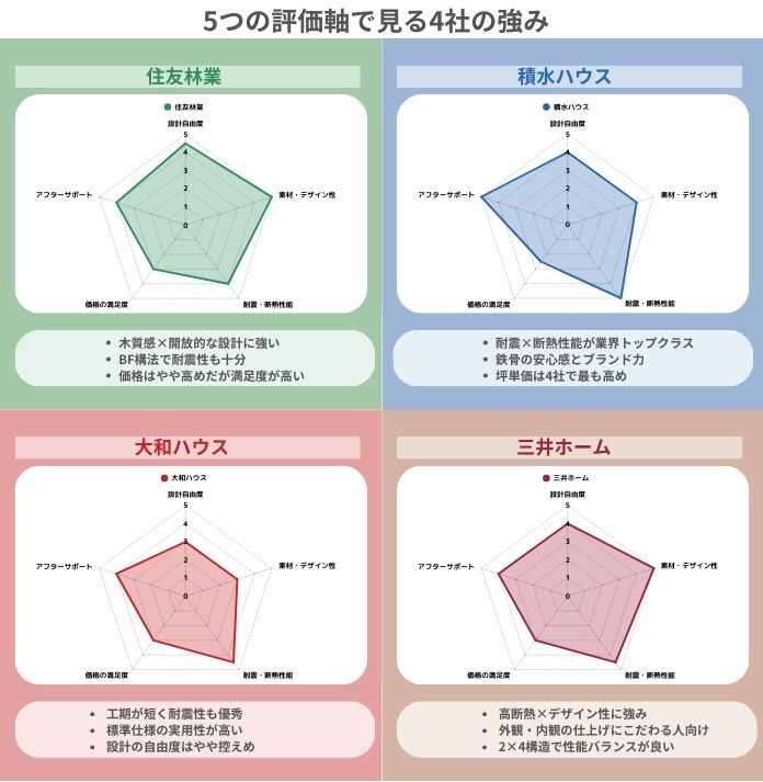 住友林業・積水ハウス・大和ハウス・三井ホームの特徴を、5つの評価軸（設計自由度・耐震性・省エネ性・アフターサービス・価格帯）で比較したレーダーチャート図