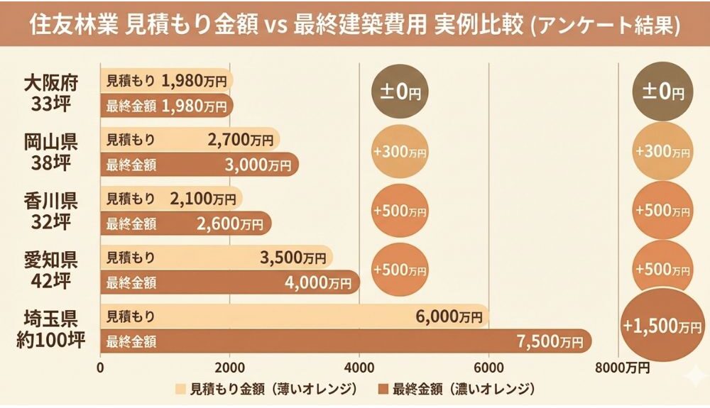 住友林業の建築費用アンケート結果。5つの実例をもとに、見積もりから最終金額までの増減（±0円〜最大1,500万円増）を一覧表と矢印グラフで解説。