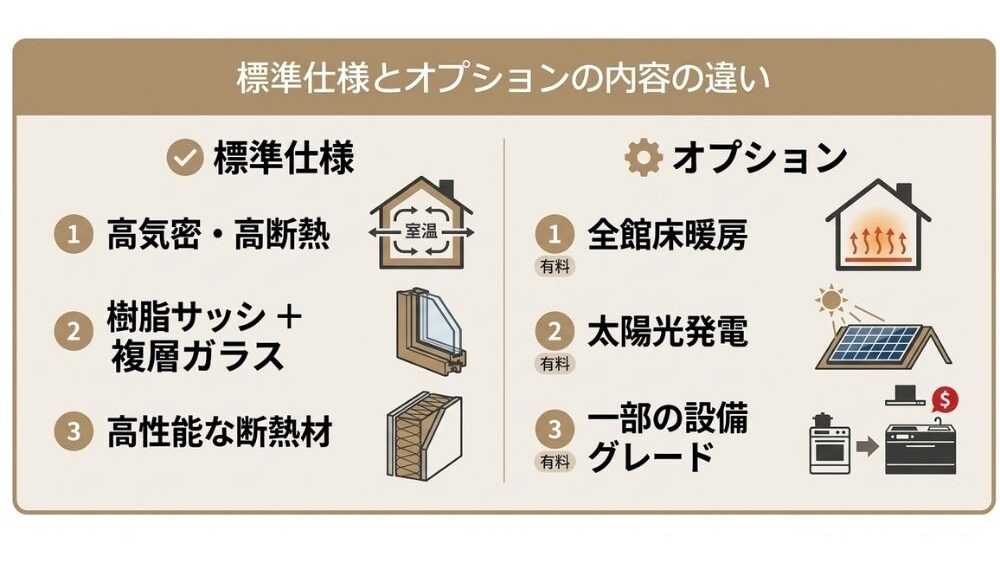 一条工務店ハグミーの標準仕様とオプションの違い（高気密高断熱・樹脂サッシ・断熱材と床暖房オプションの比較図）