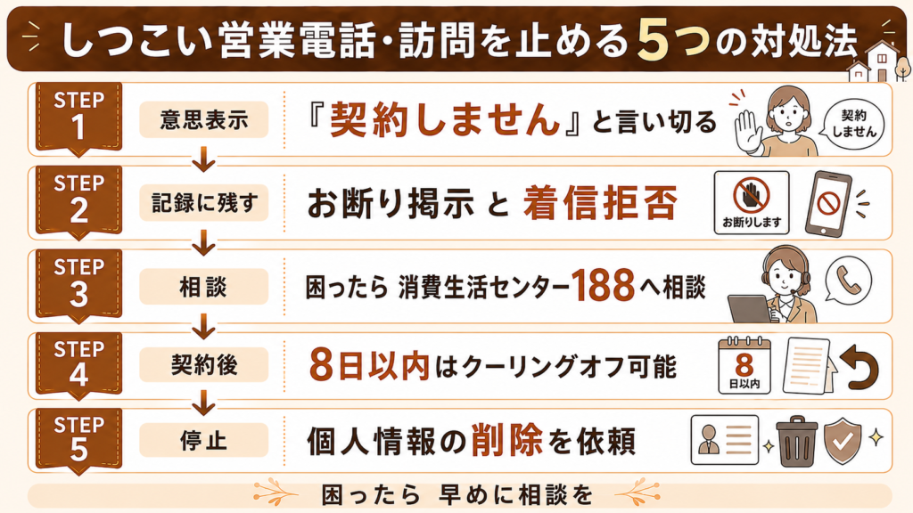 しつこい営業電話・訪問を止める5つの対処法をまとめた図解