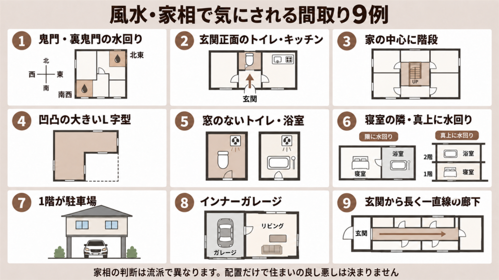 風水・家相で気にされる9つの間取りを、設備の配置や部屋の位置関係で示した図解