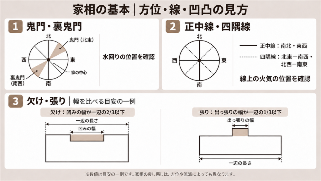 鬼門・裏鬼門と正中線・四隅線の位置、欠け・張りの幅の測り方を示した図解