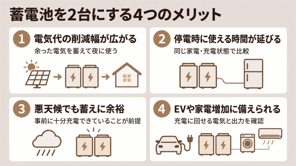 一条工務店の蓄電池を2台にする4つのメリットをまとめた図解
