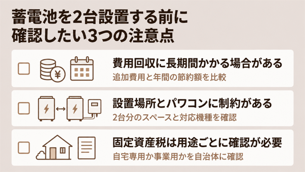 一条工務店の蓄電池を2台にするときの注意点3つをまとめた図解
