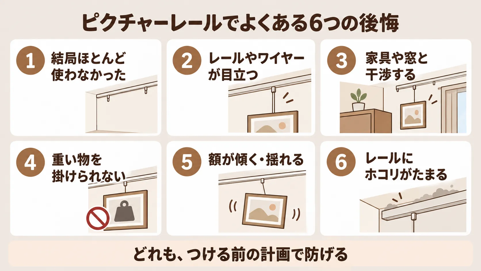 ピクチャーレールでよくある6つの後悔。結局ほとんど使わなかった、レールやワイヤーが目立つ、家具や窓と干渉する、重い物を掛けられない、額が傾く・揺れる、レールにホコリがたまる