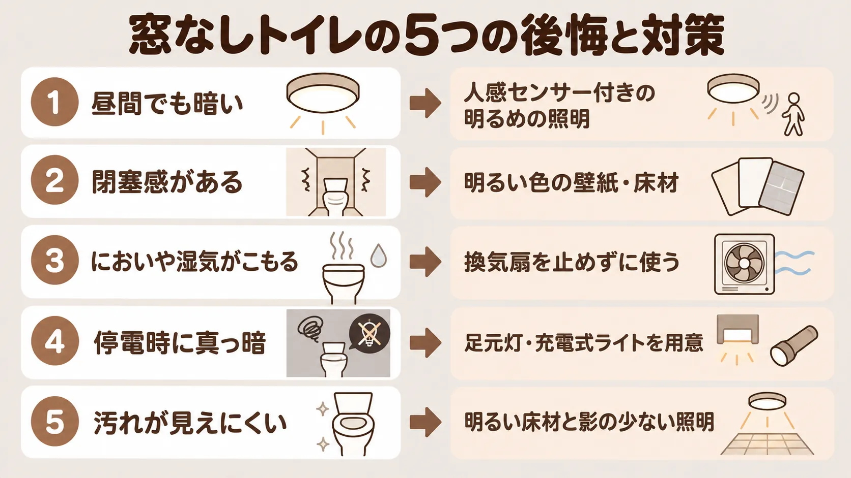 窓なしトイレの5つの後悔と対策。昼間でも暗いには人感センサー付きの明るめの照明、閉塞感には明るい色の壁紙・床材、においや湿気には換気扇を止めずに使う、停電時に真っ暗には足元灯・充電式ライト、汚れが見えにくいには明るい床材と影の少ない照明