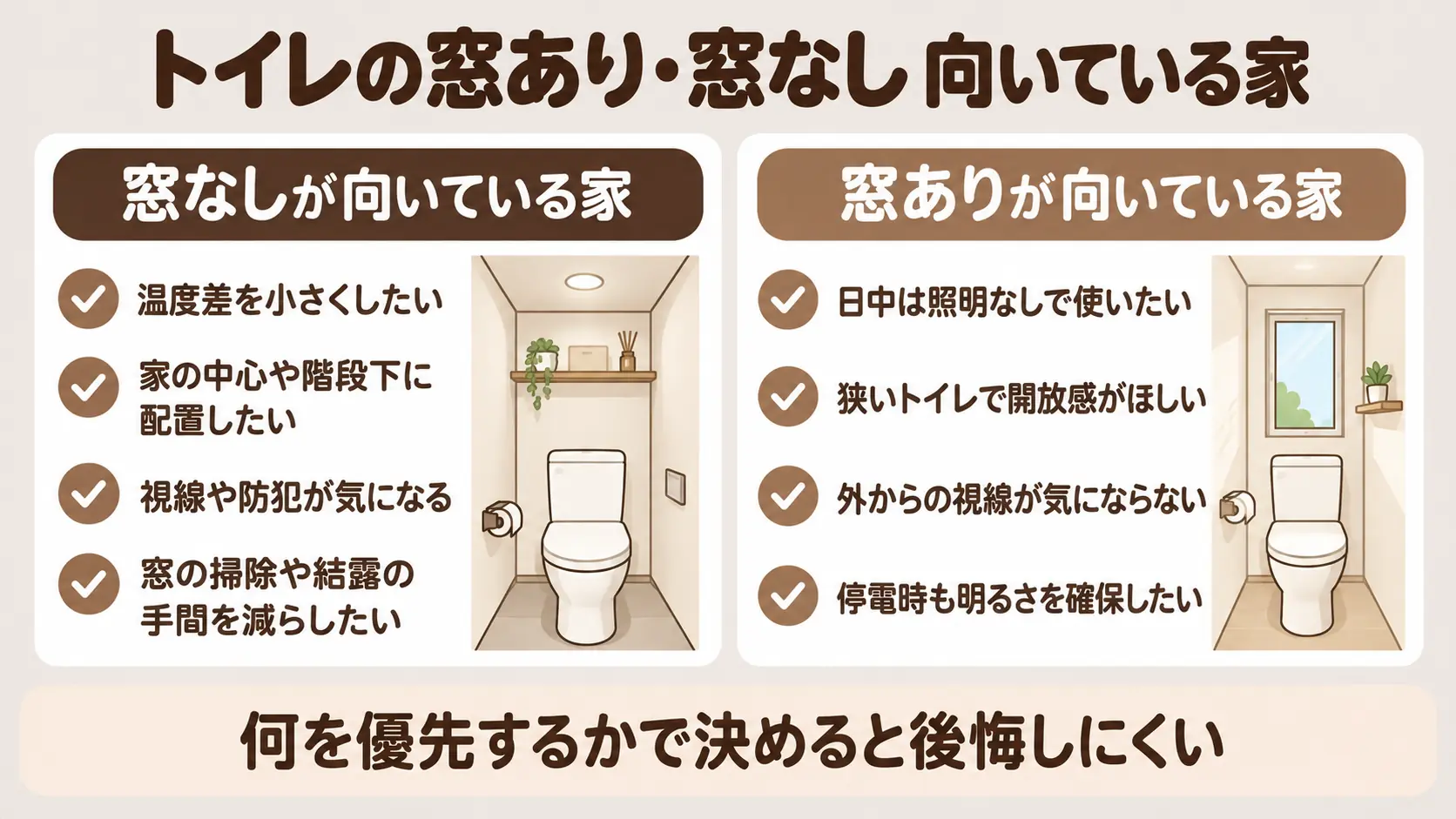 トイレの窓あり・窓なしが向いている家の比較。窓なしは温度差を小さくしたい、家の中心や階段下に配置したい、視線や防犯が気になる、窓の掃除や結露の手間を減らしたい家。窓ありは日中は照明なしで使いたい、狭いトイレで開放感がほしい、外からの視線が気にならない、停電時も明るさを確保したい家