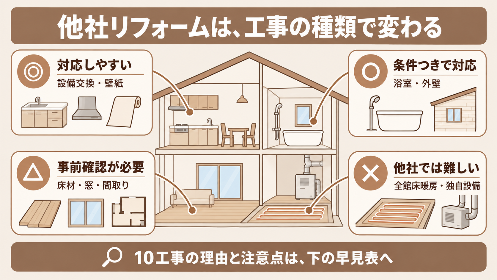 一条工務店の他社リフォーム工事を◎〇△✕の目安と代表例で示した図解